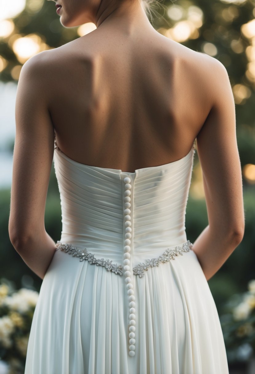 A strapless wedding dress with a row of buttons down the back, cascading down the elegant fabric