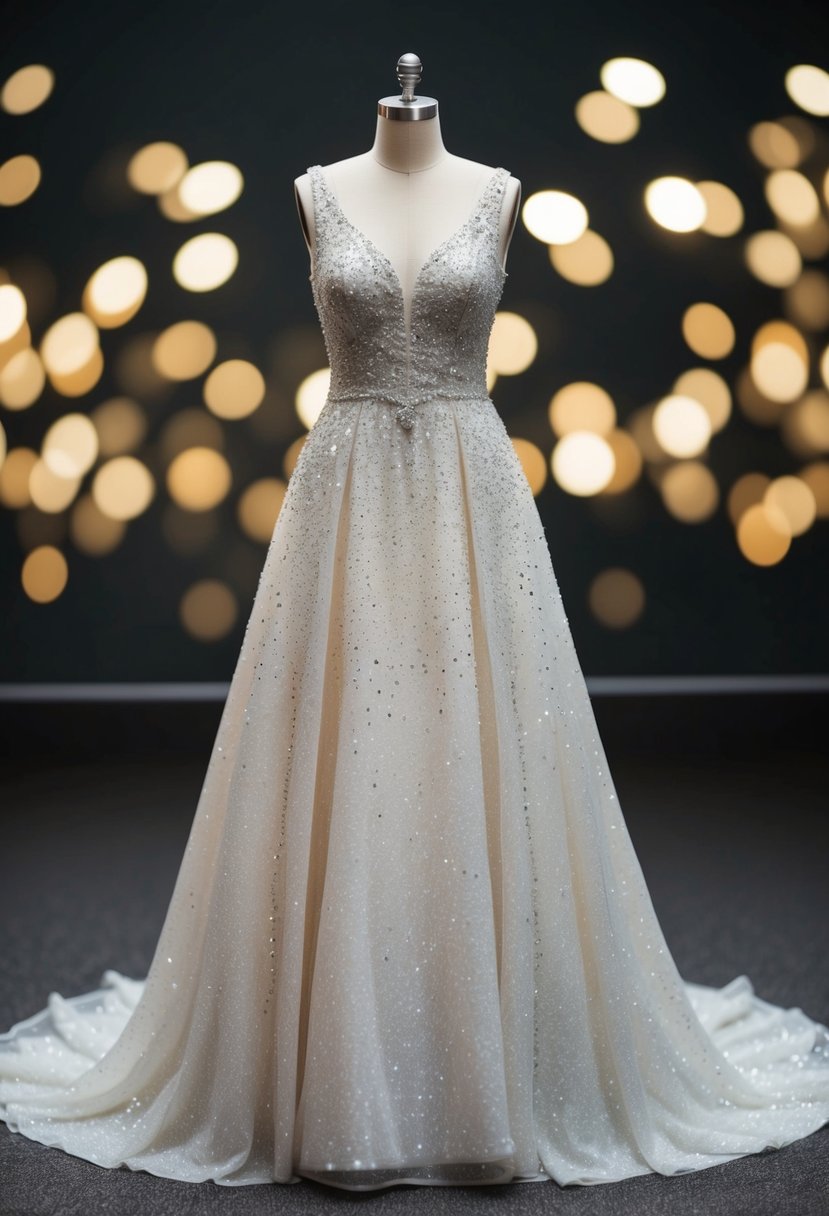 A sparkling A-line wedding dress with glittering details, cascading down in a classic and elegant silhouette