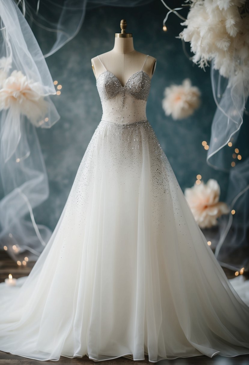 A flowing organza wedding dress adorned with shimmering glitter, surrounded by ethereal and whimsical elements