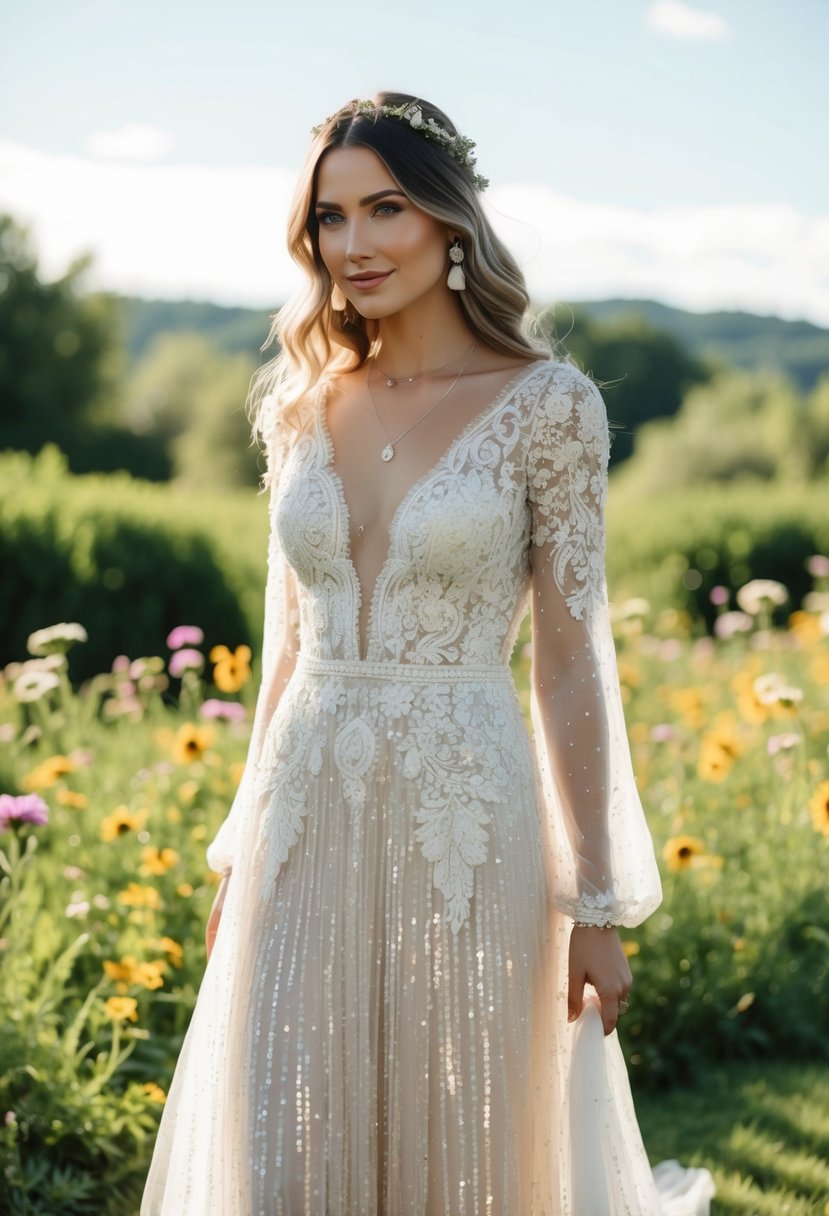 A bohemian chic wedding dress adorned with sequins and lace, sparkling in the sunlight against a backdrop of lush greenery and wildflowers