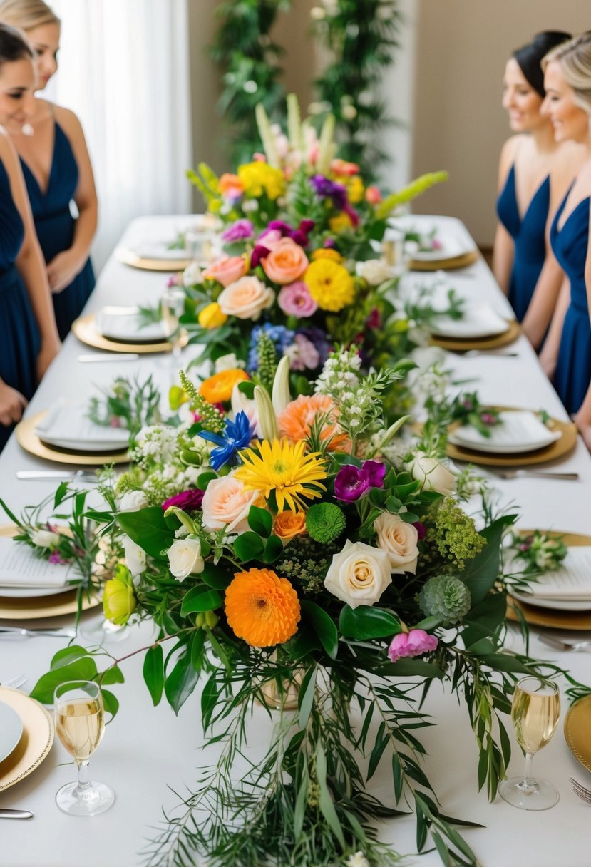 A table adorned with various colorful flowers and greenery, arranged in elegant wedding bouquets for the bride and her bridesmaids