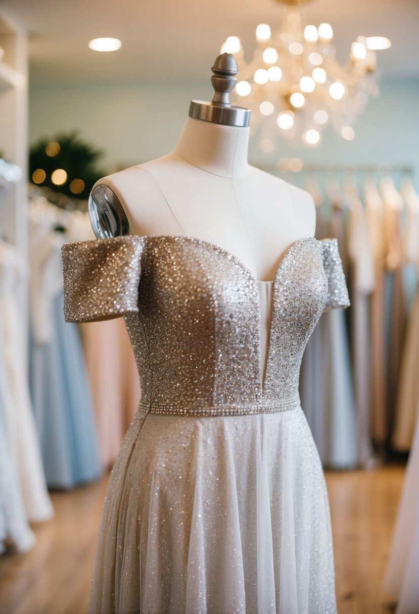 An elegant off-the-shoulder glitter wedding dress displayed on a mannequin in a softly lit boutique