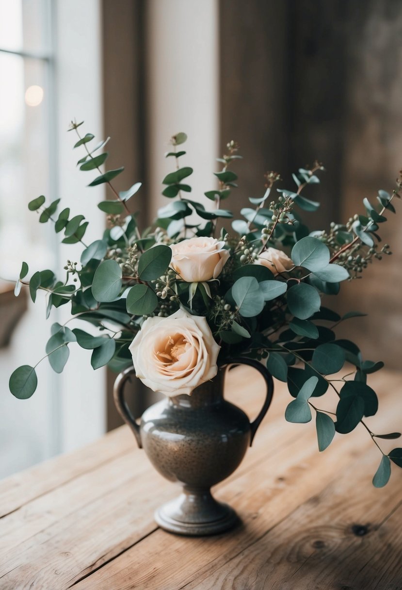 A rustic eucalyptus and rose bouquet arranged in a vintage vase on a wooden table