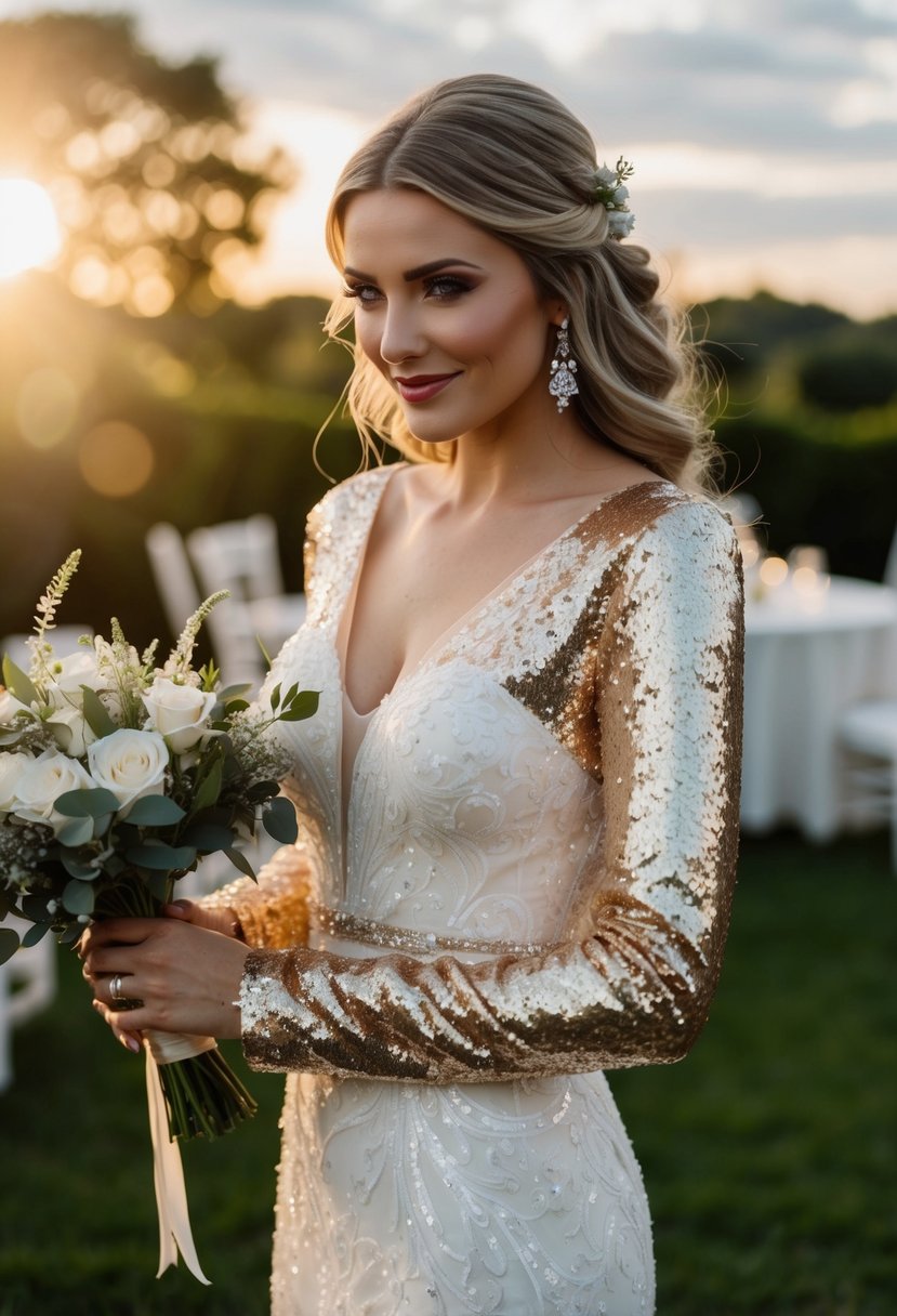 A shimmering wedding dress with sequin sleeves catches the light in a romantic setting