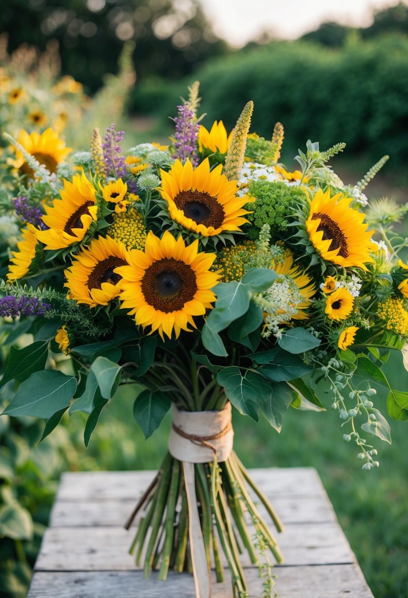 A bouquet of sunflowers and wildflowers in a vibrant mix, with lush green foliage, arranged in a rustic, hand-tied style