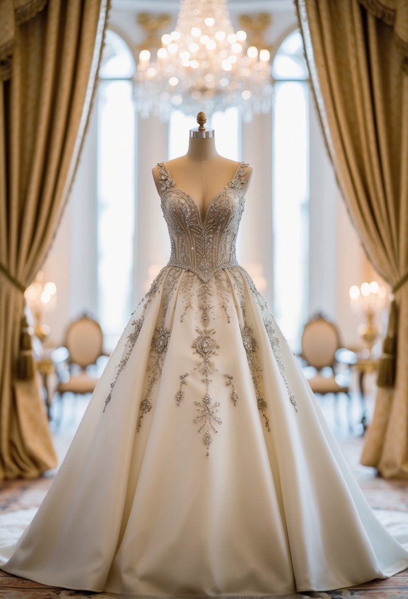 A regal wedding dress with shimmering embroidery and glittering details, set against a backdrop of opulent surroundings