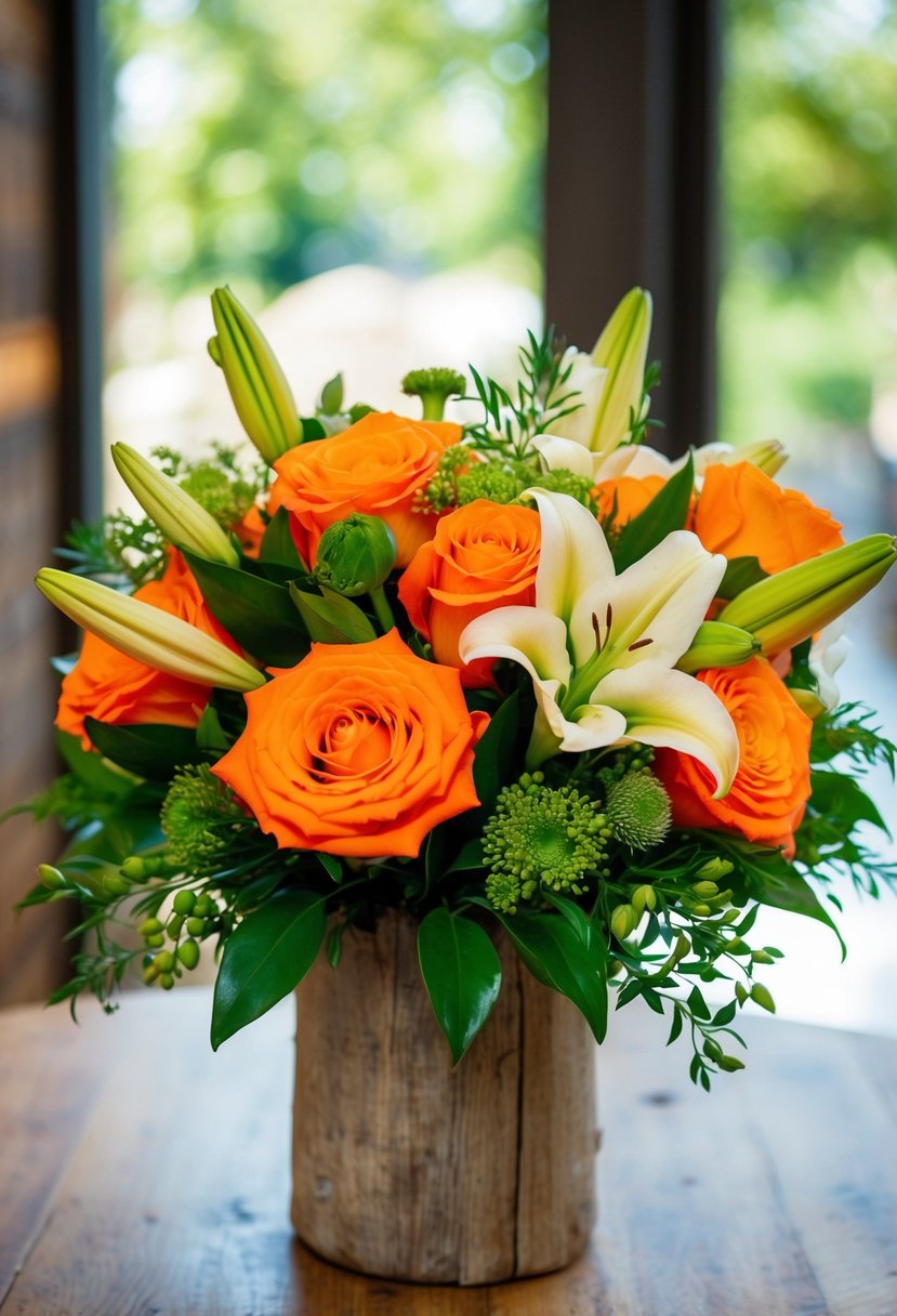 A vibrant orange wedding bouquet with roses, lilies, and greenery, arranged in a rustic wooden vase