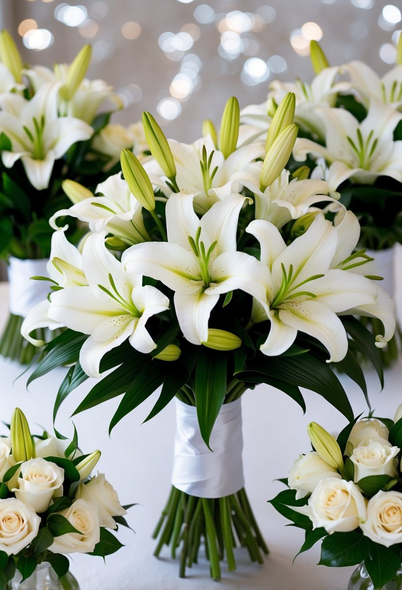 A classic white lily arrangement in a wedding bouquet, with smaller matching bouquets for the bridesmaids