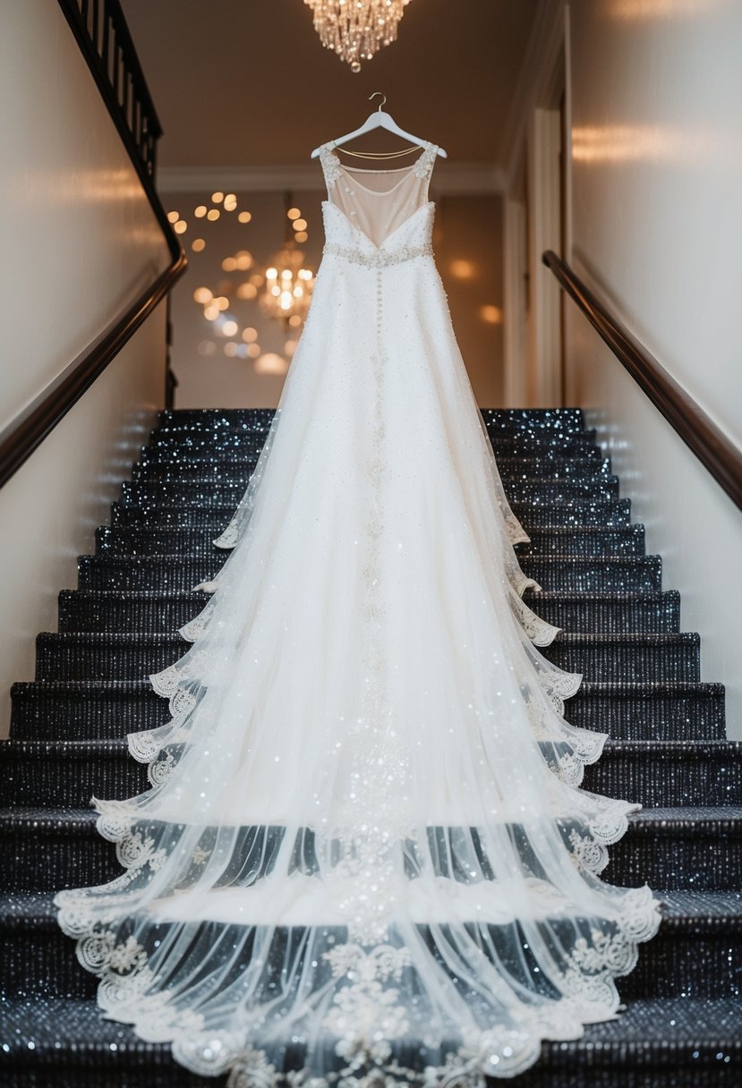 A sparkling wedding dress cascading down a glittering staircase