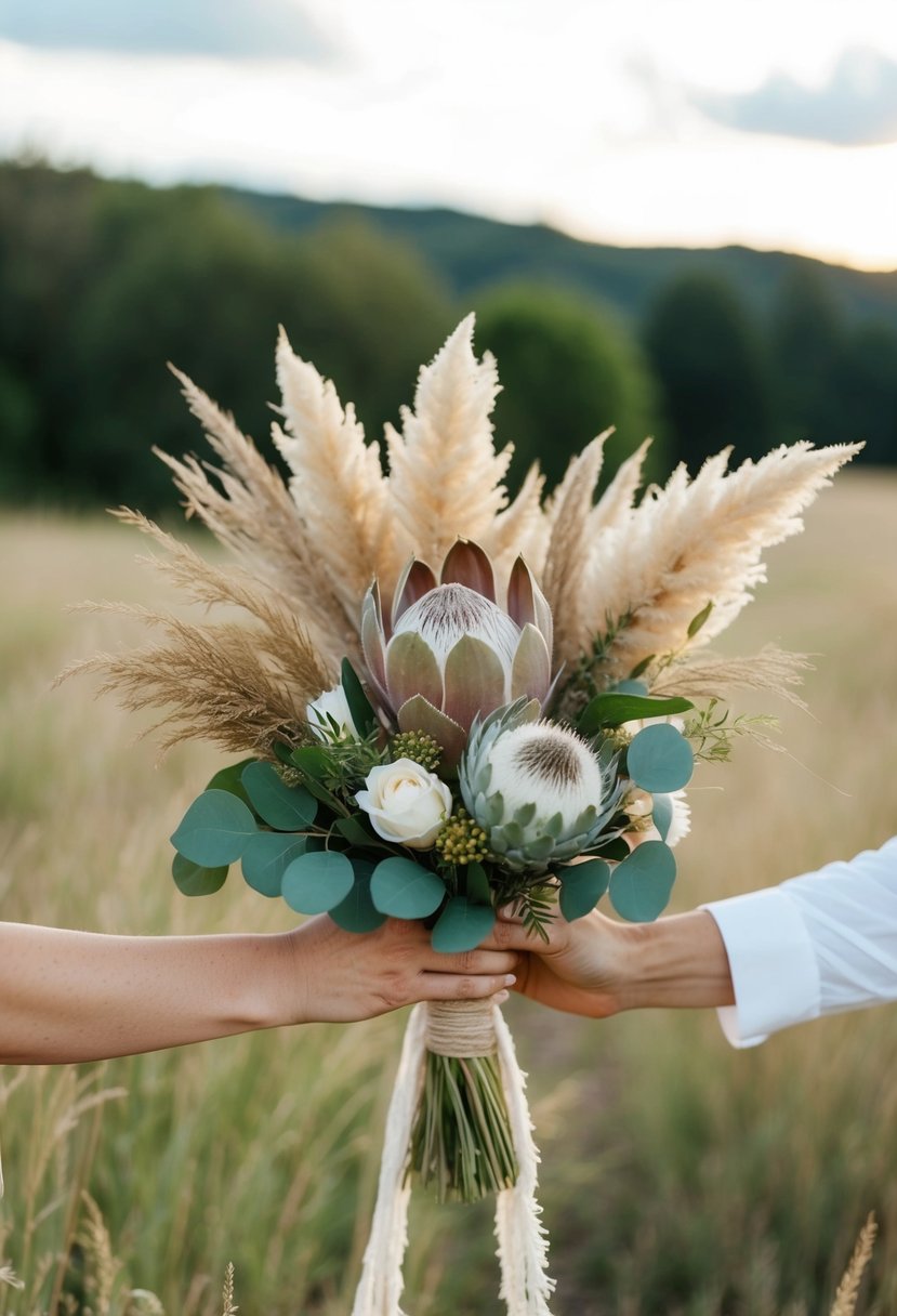 A rustic wedding bouquet with protea and pampas grass, accented with bohemian elements