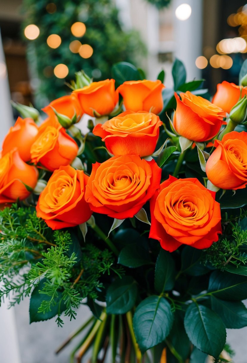 A vibrant bouquet of bright orange roses and lush greenery