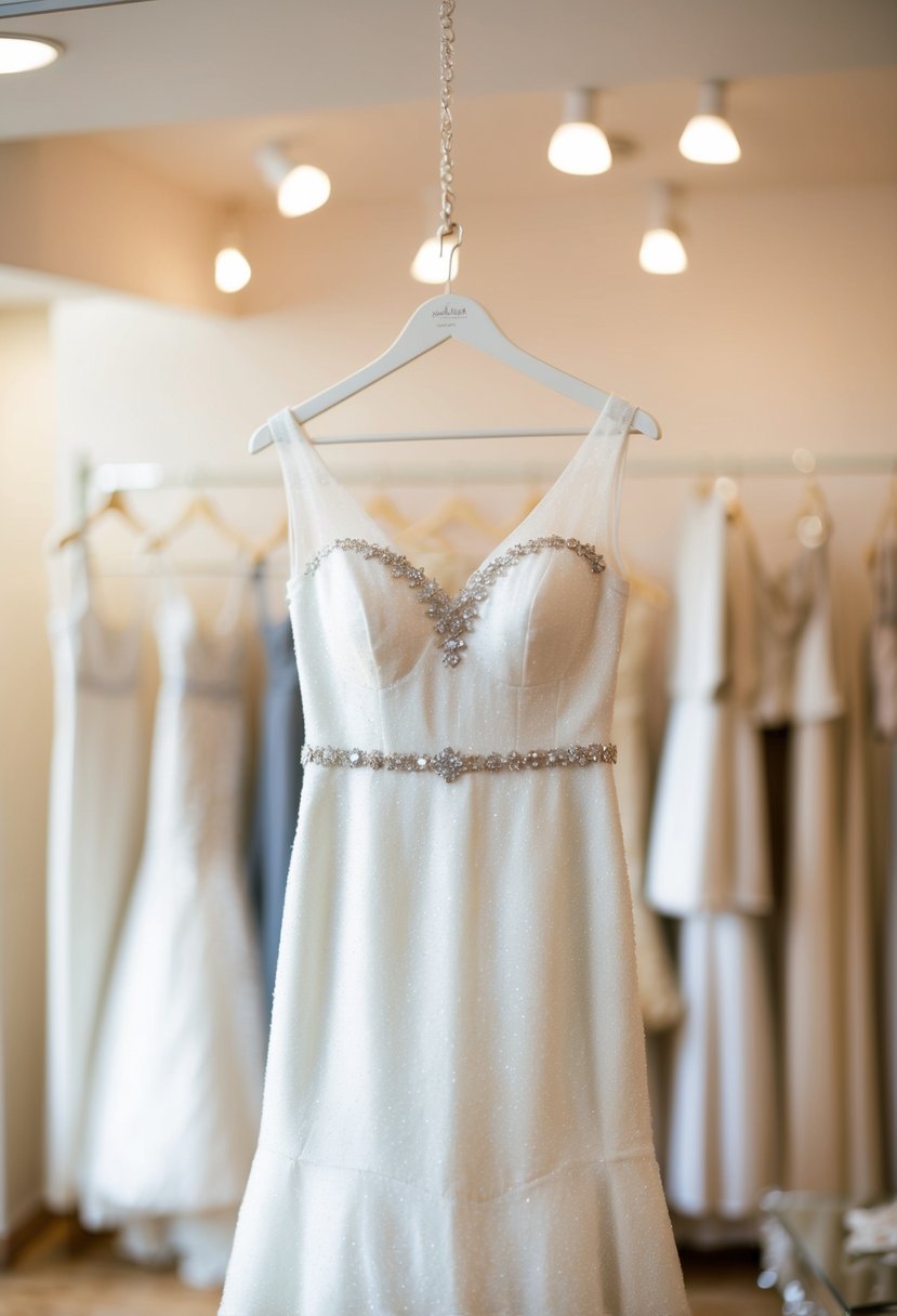 A wedding dress with a subtle glitter underlay, catching the light as it hangs on a hanger in a softly lit bridal boutique