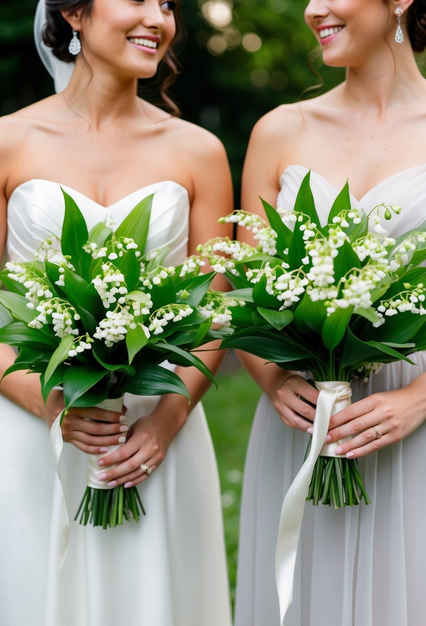 A bride and bridesmaid hold matching bouquets of delicate Lily of the Valley, accented with lush greenery and tied with satin ribbon