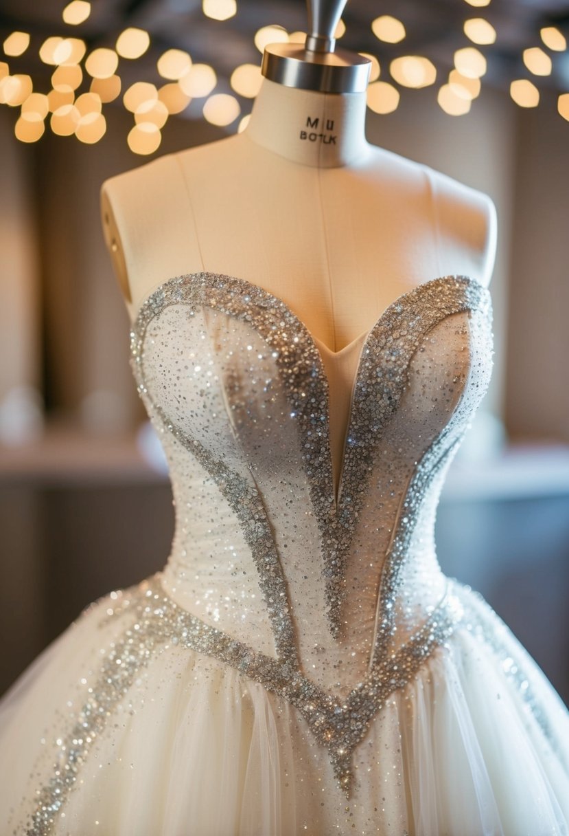 A sparkling bodice wedding dress with chic details and glitter accents, shimmering under soft lighting