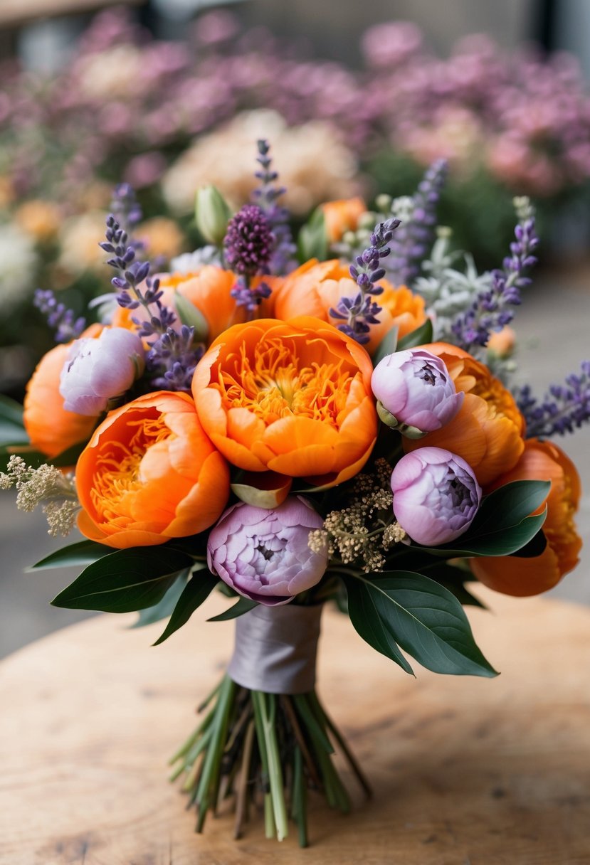 A bouquet of burnt orange peonies and lavender blooms arranged in a delicate wedding bouquet