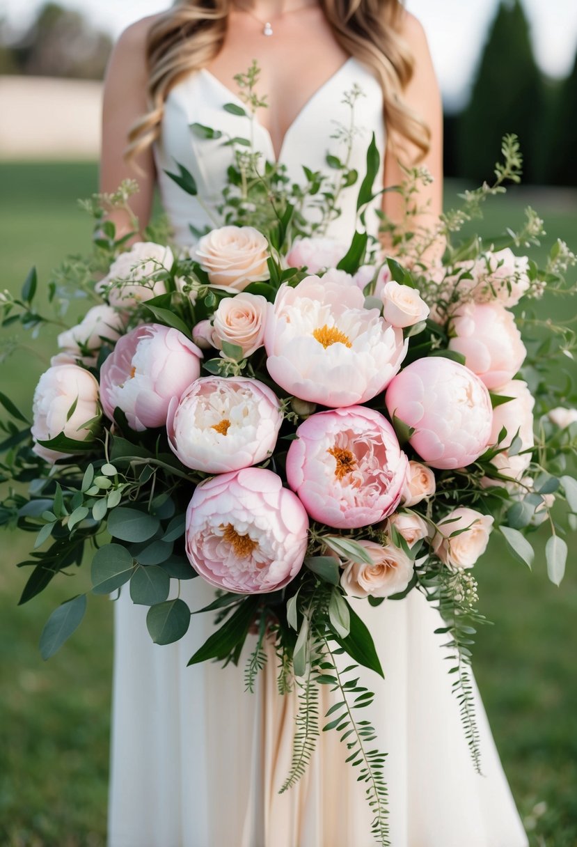 A lush bouquet of blush peonies and roses, with delicate greenery, arranged in a cascading style for a romantic wedding