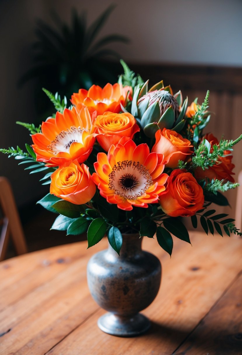 A vibrant bouquet of circus roses and protea, accented with orange hues, arranged in a rustic vase on a wooden table