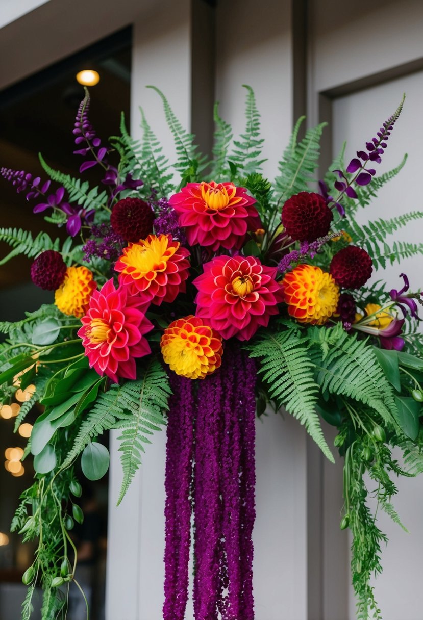 A vibrant bouquet of bold dahlia and fern design, with cascading greenery and pops of deep red and purple