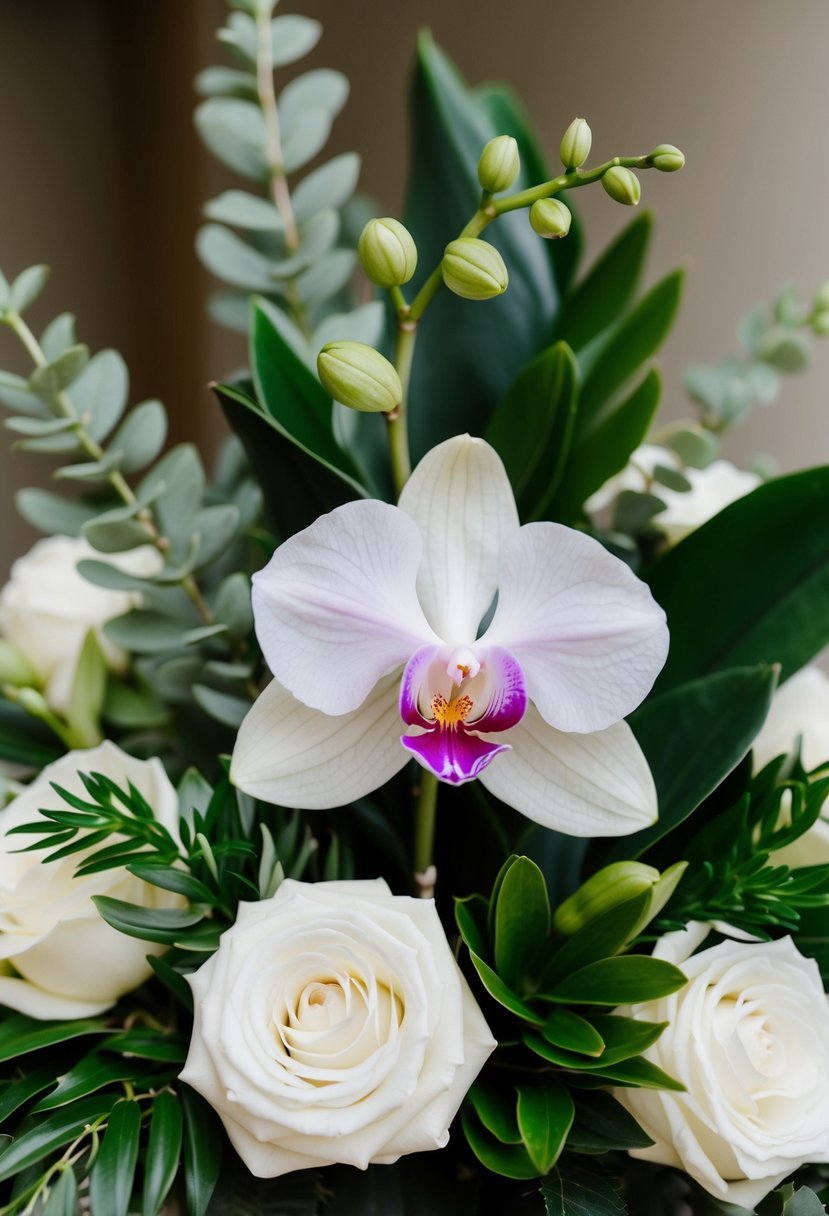 A delicate single orchid surrounded by lush greenery, arranged in a simple yet elegant wedding bouquet