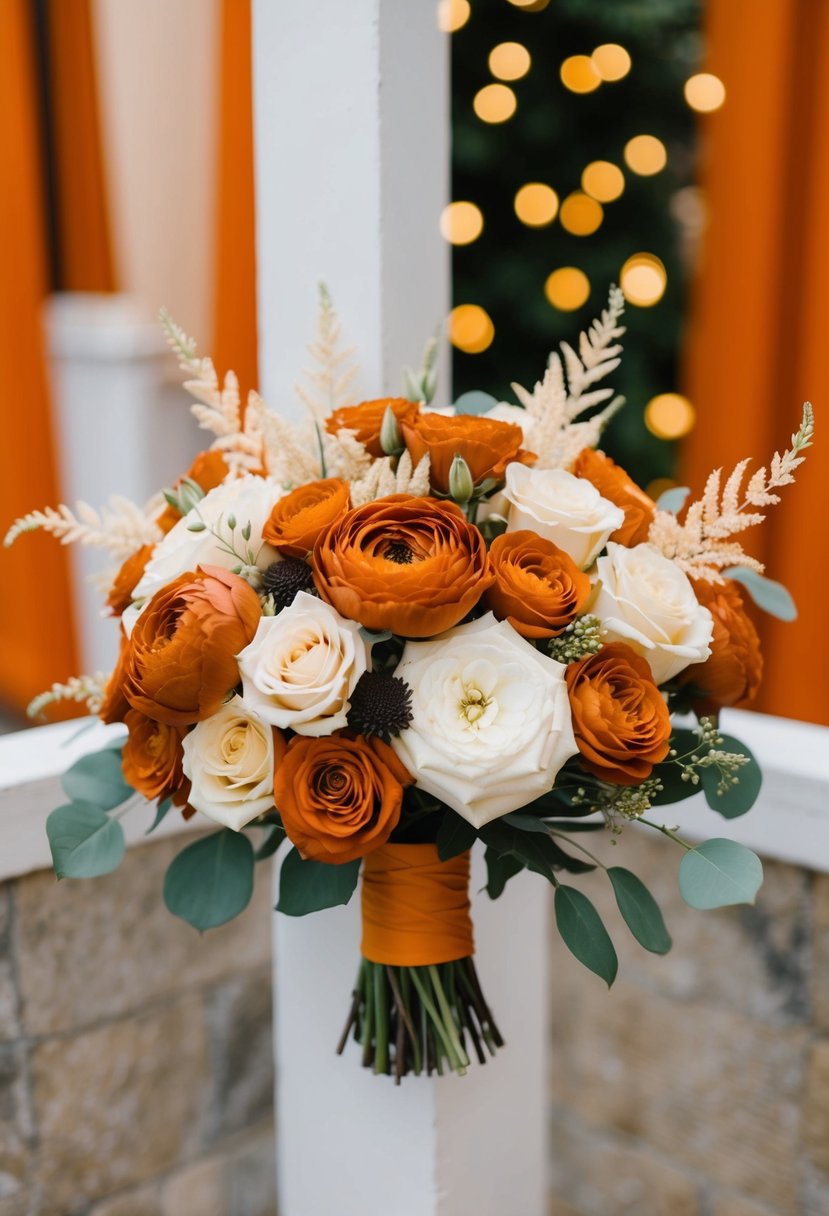 A terracotta and cream floral bouquet arranged in an elegant orange wedding theme