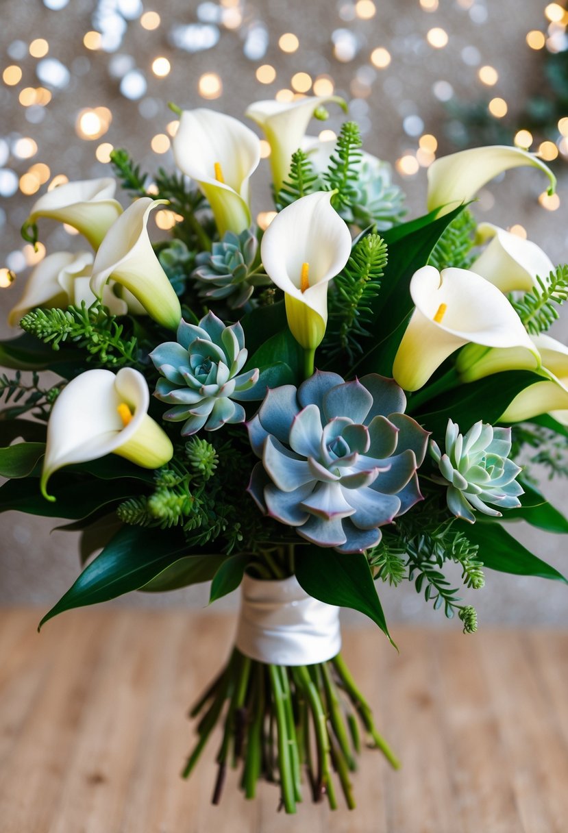 A modern wedding bouquet featuring calla lilies and succulents in a stylish arrangement