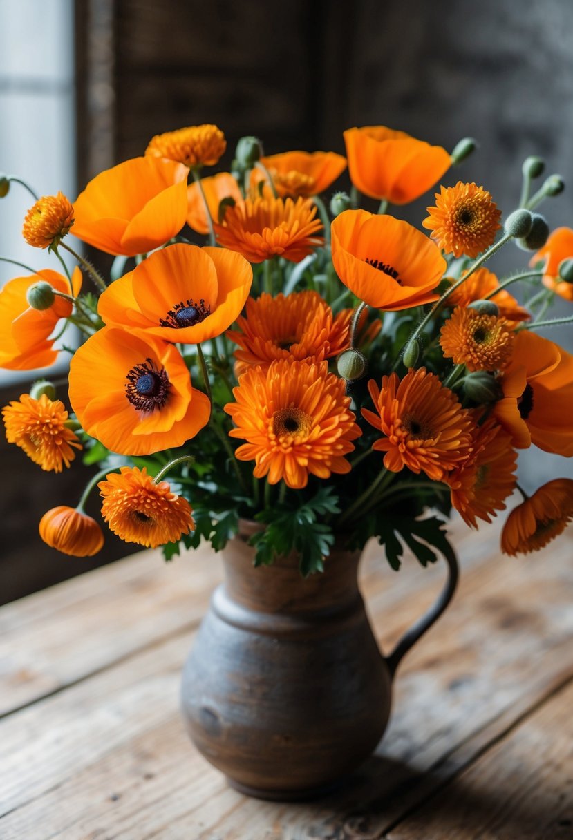 A vibrant bouquet of orange poppies and autumn chrysanthemums, arranged in a rustic vase on a wooden table