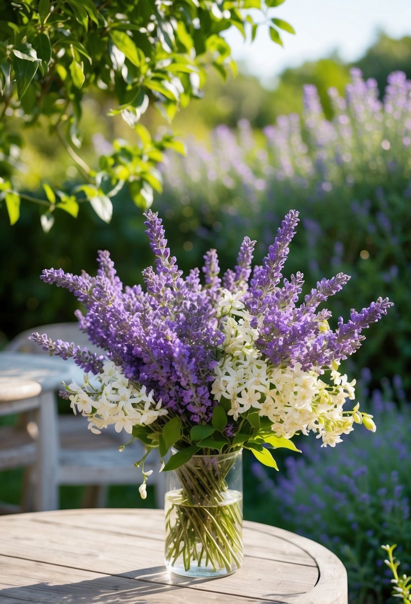 A lush bouquet of lavender and jasmine, intertwined with delicate greenery, sits on a wooden table in a sun-drenched garden