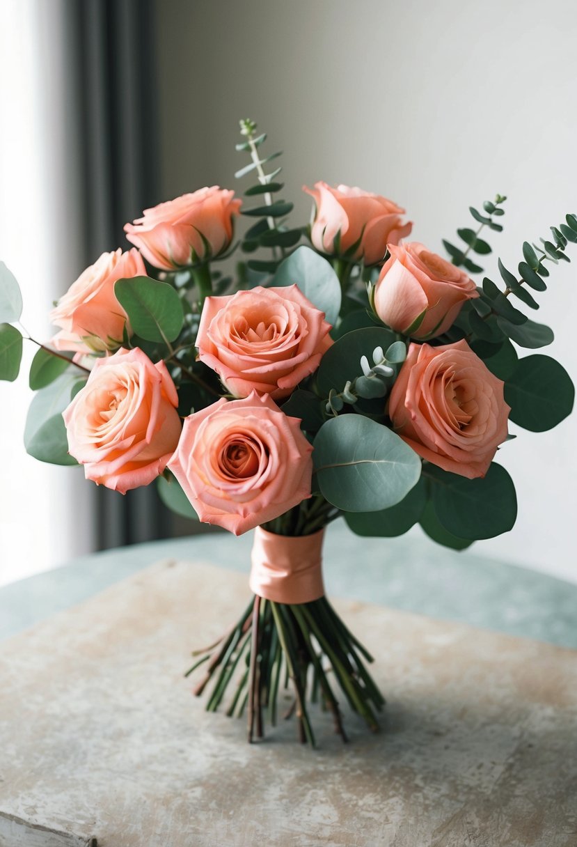 A bouquet of coral roses and eucalyptus leaves, sitting on a dusty table