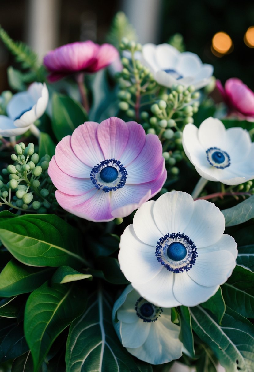 Vibrant anemones contrast against deep foliage in elegant wedding bouquets