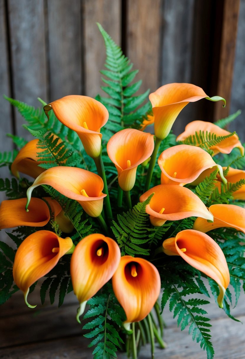 A vibrant bouquet of orange calla lilies and ferns arranged in a rustic, natural style