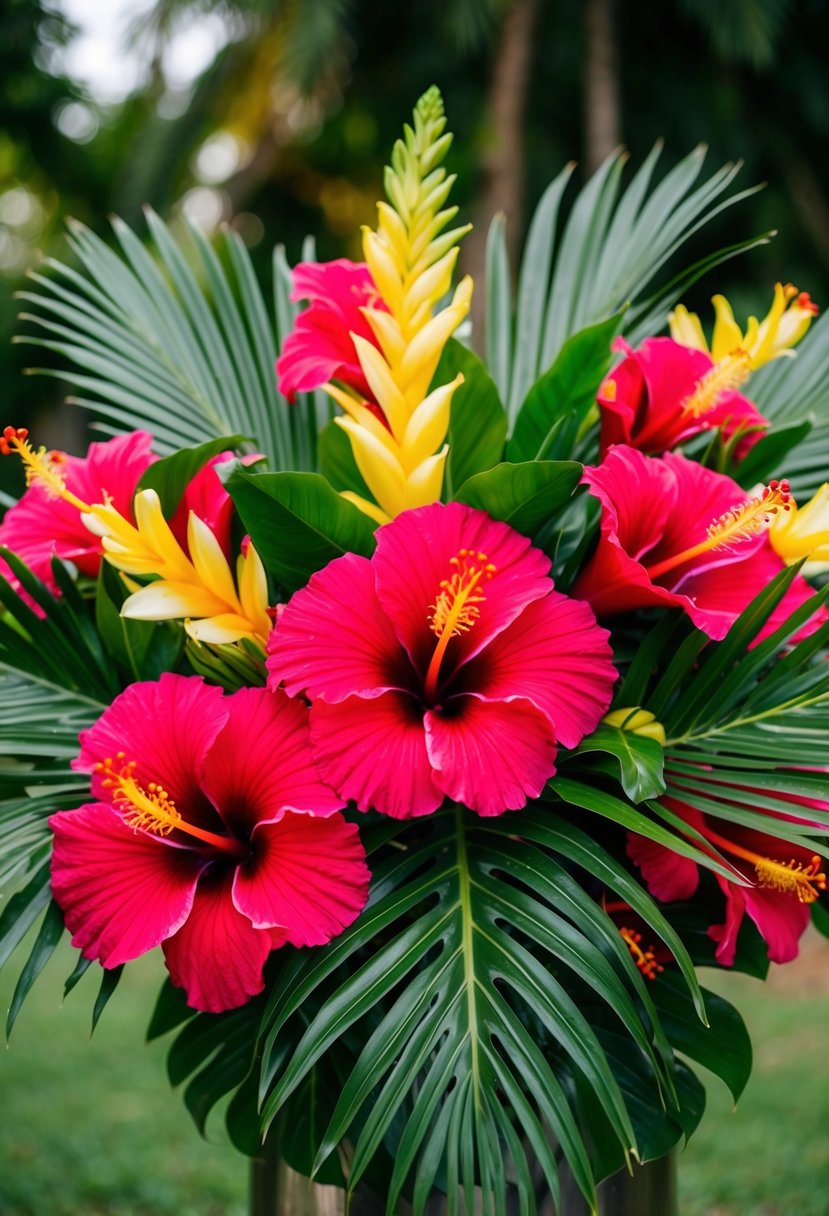 Vibrant hibiscus and palm leaves arranged in a lush, tropical wedding bouquet