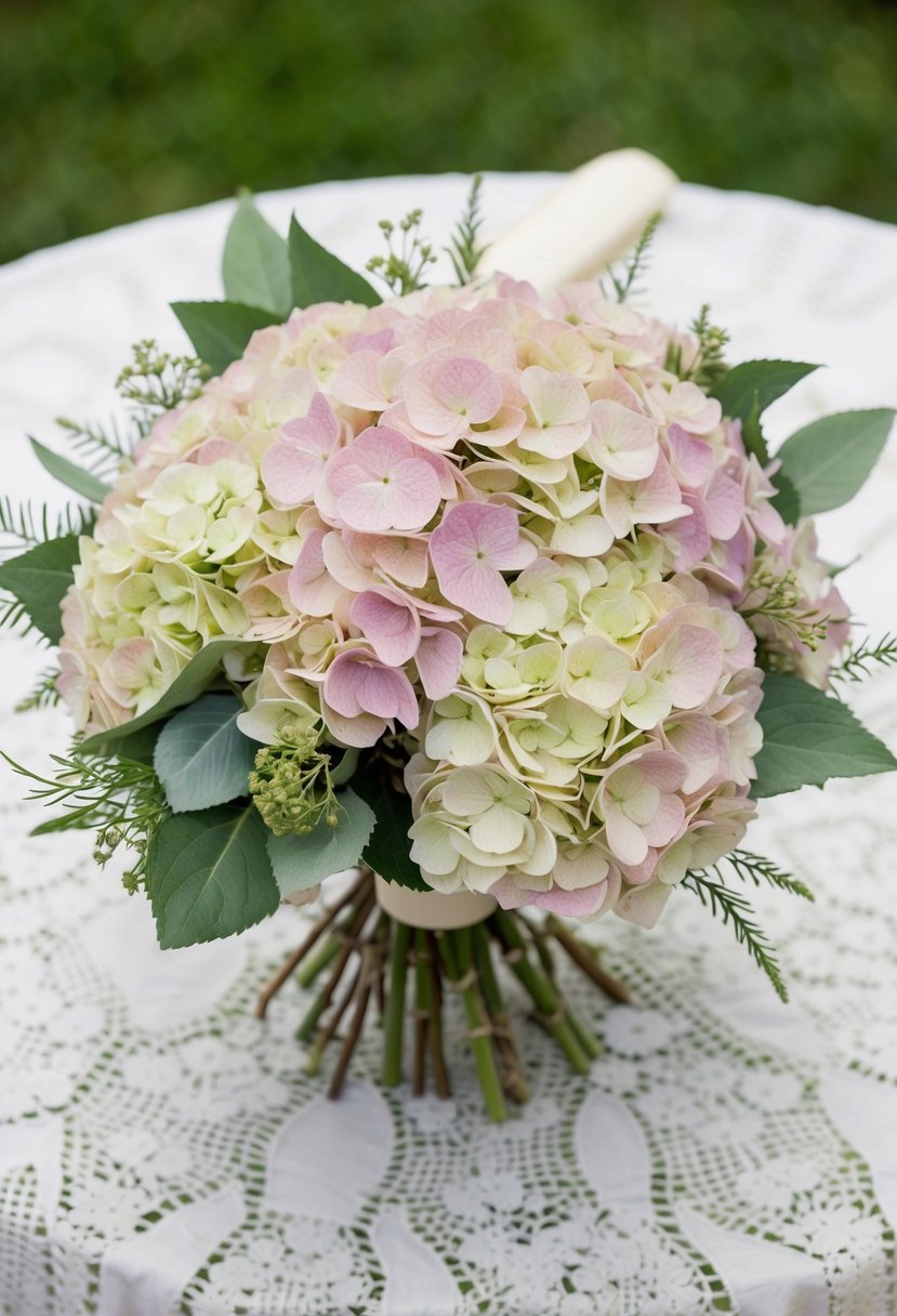 A delicate bouquet of pastel hydrangeas, accented with soft greenery, rests on a vintage lace tablecloth