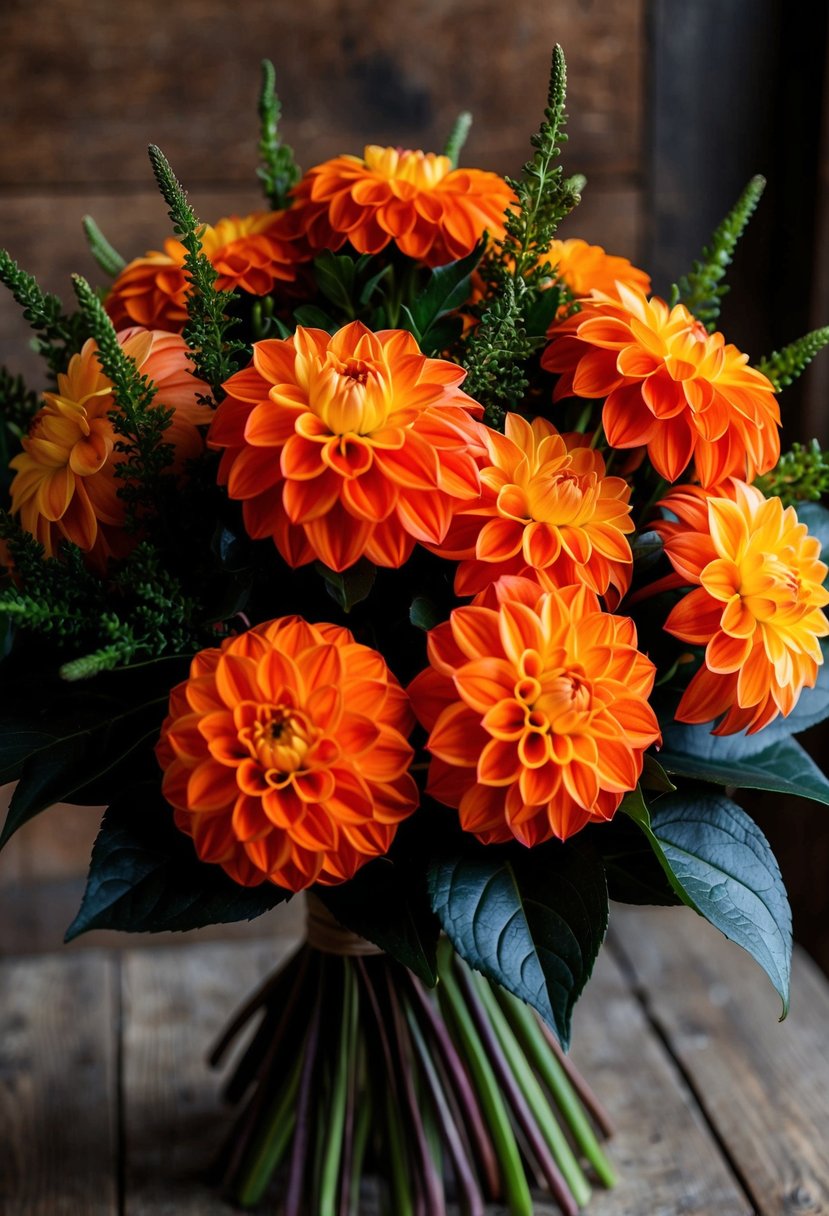 A bouquet of bold orange dahlias with dark green leaves, arranged in a rustic and natural style