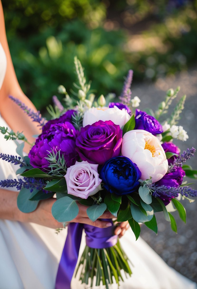 A vibrant violet wedding bouquet with roses, peonies, and lavender, accented with greenery and tied with a satin ribbon