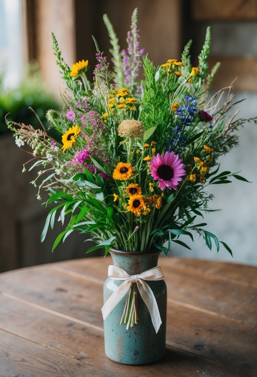 A colorful bunch of wildflowers and greenery, tied with a ribbon, sits in a rustic vase on a wooden table