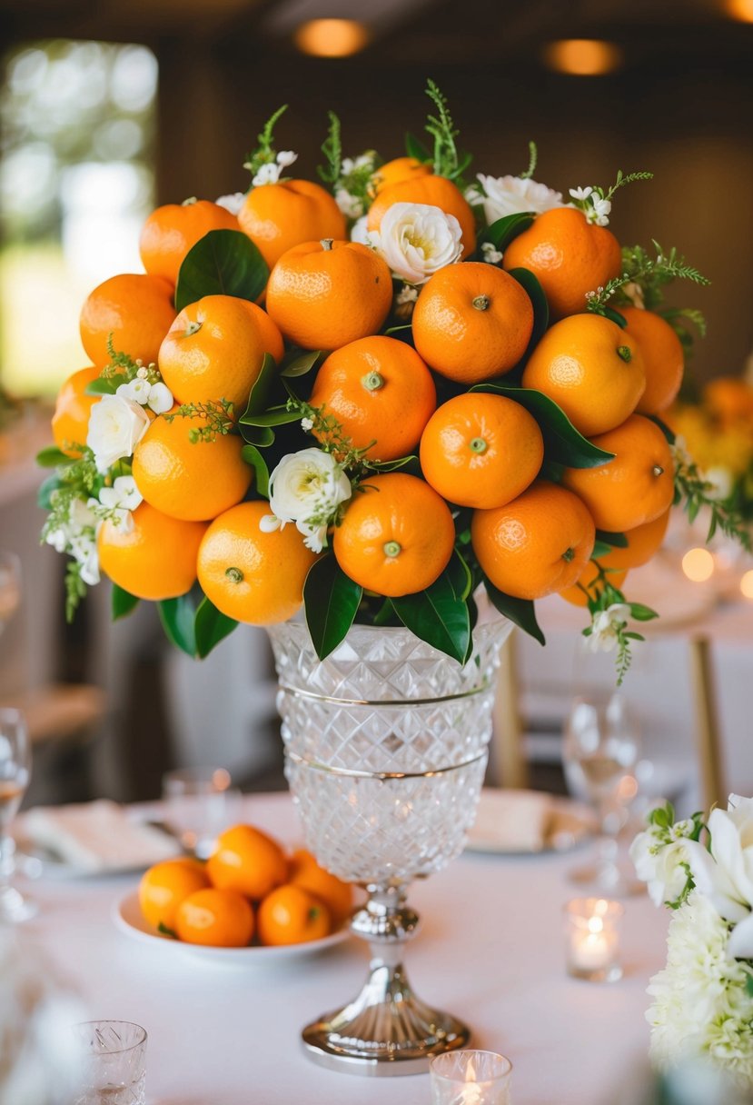 A vibrant bouquet of orange kumquats, accented with delicate white flowers, arranged in a crystal vase as a centerpiece for a wedding reception