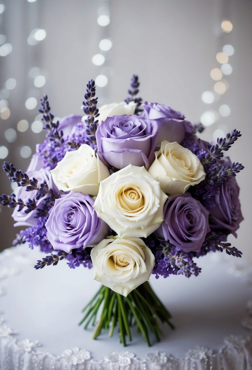 A beautiful bouquet of lavender and white roses arranged in a delicate and elegant composition, perfect for a violet-themed wedding