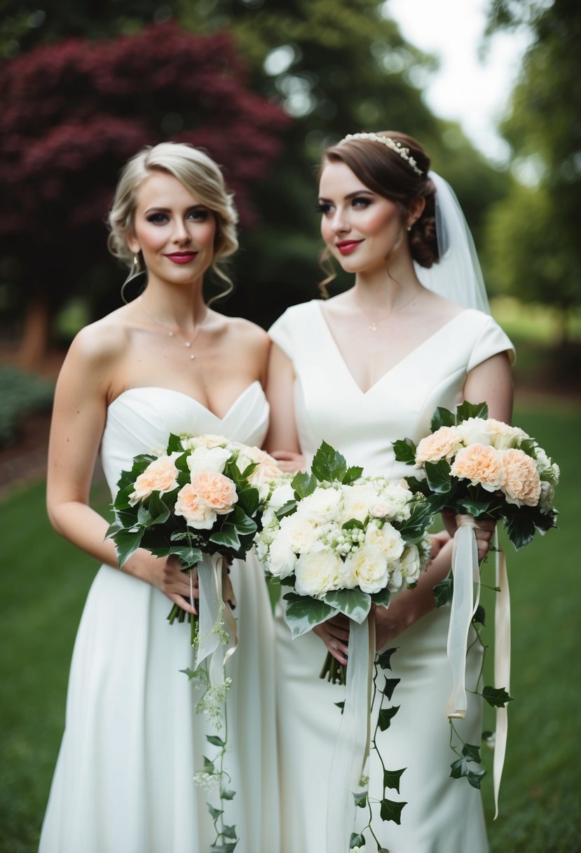 A bride and her bridesmaid hold vintage-inspired bouquets of carnations and ivy, with delicate ribbons trailing down