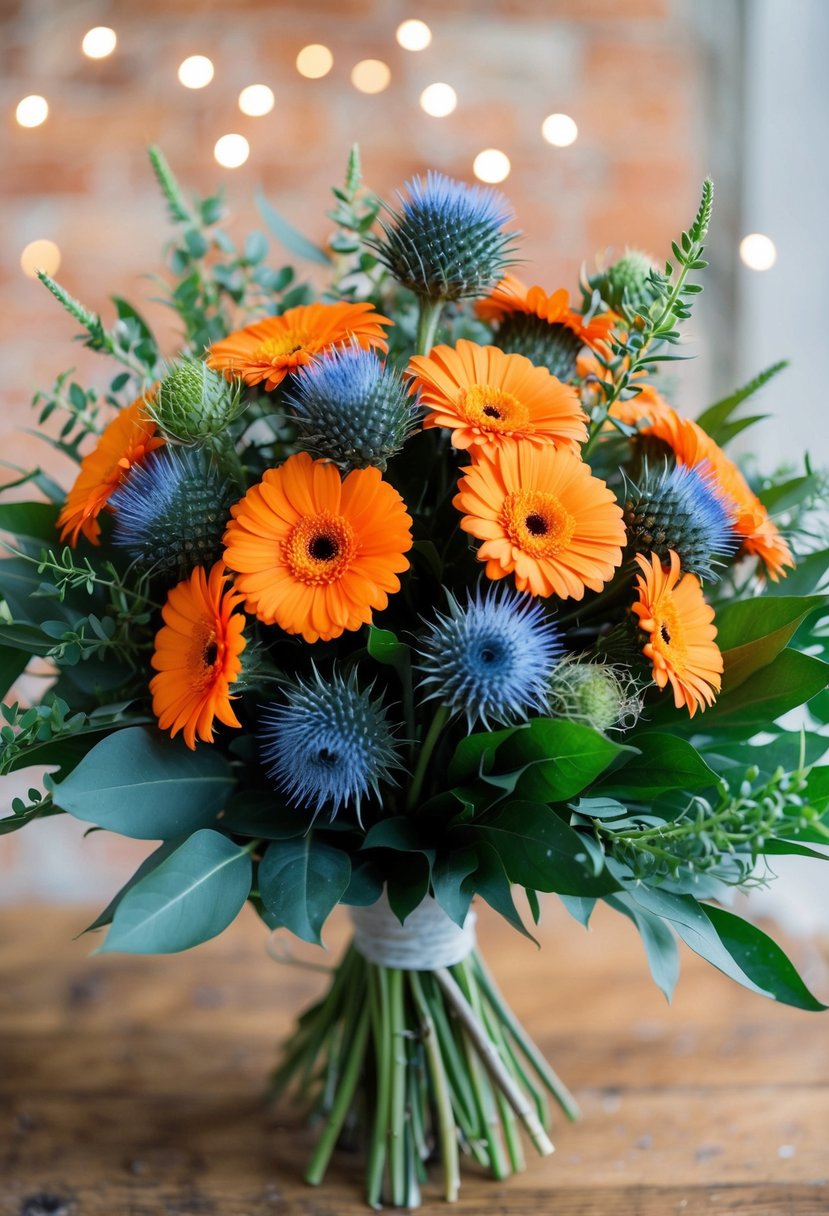 A vibrant bouquet of orange gerberas and blue thistle arranged in a rustic, hand-tied style with flowing greenery and delicate filler flowers