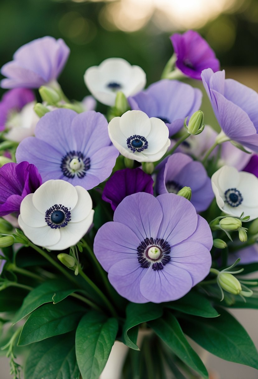 A delicate mix of violet sweet peas and anemones arranged in a wedding bouquet