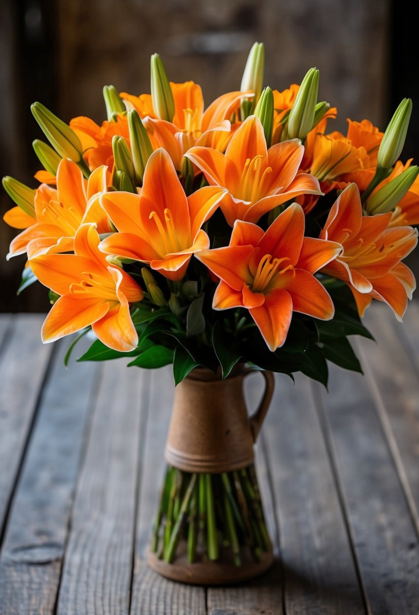 A vibrant bouquet of orange Alstroemeria and Gerpoms arranged in a rustic vase on a wooden table