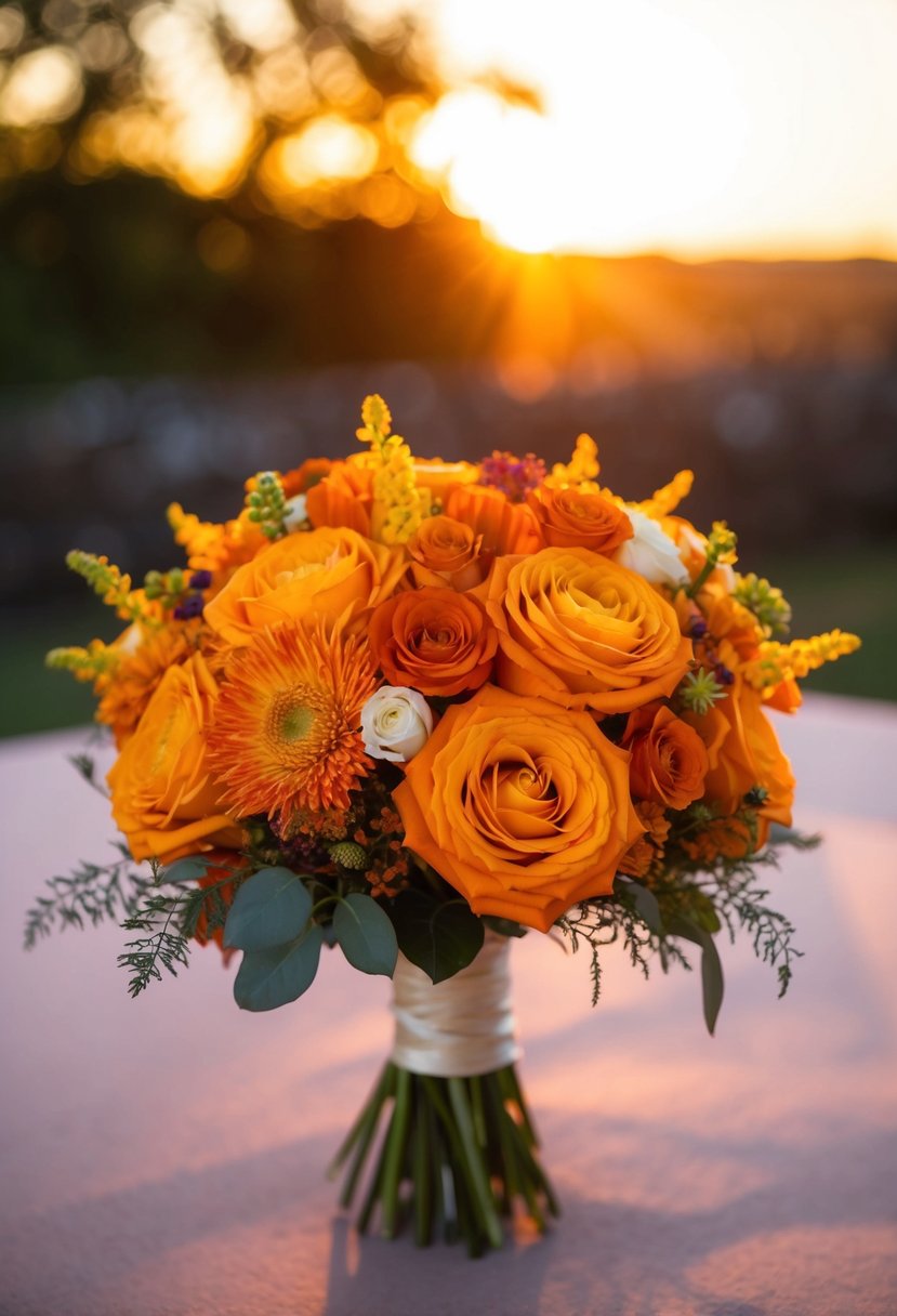 A vibrant orange wedding bouquet basking in the warm glow of a sunset, with a gradient of colors from deep red to light yellow