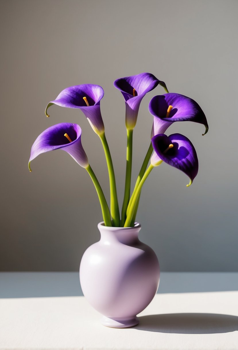 A small arrangement of violet calla lilies in a Picasso Mini vase, set against a soft, neutral background, with natural light casting gentle shadows