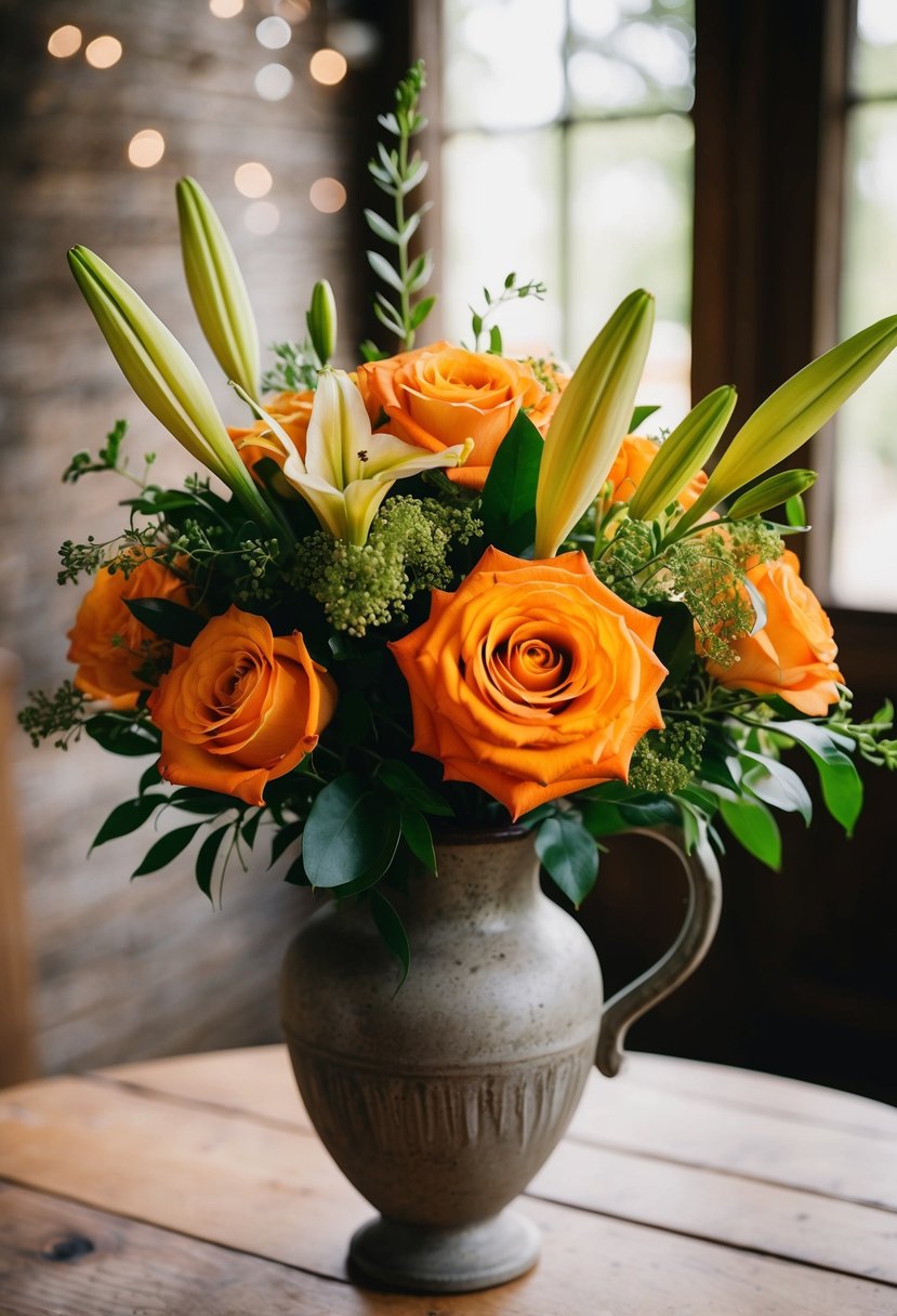 A vintage orange wedding bouquet with roses, lilies, and greenery in a rustic vase