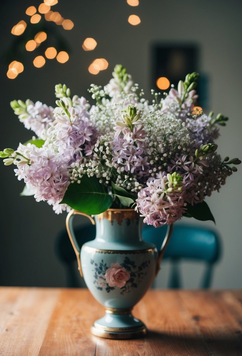 A delicate bouquet of lilacs and baby's breath in a vintage vase