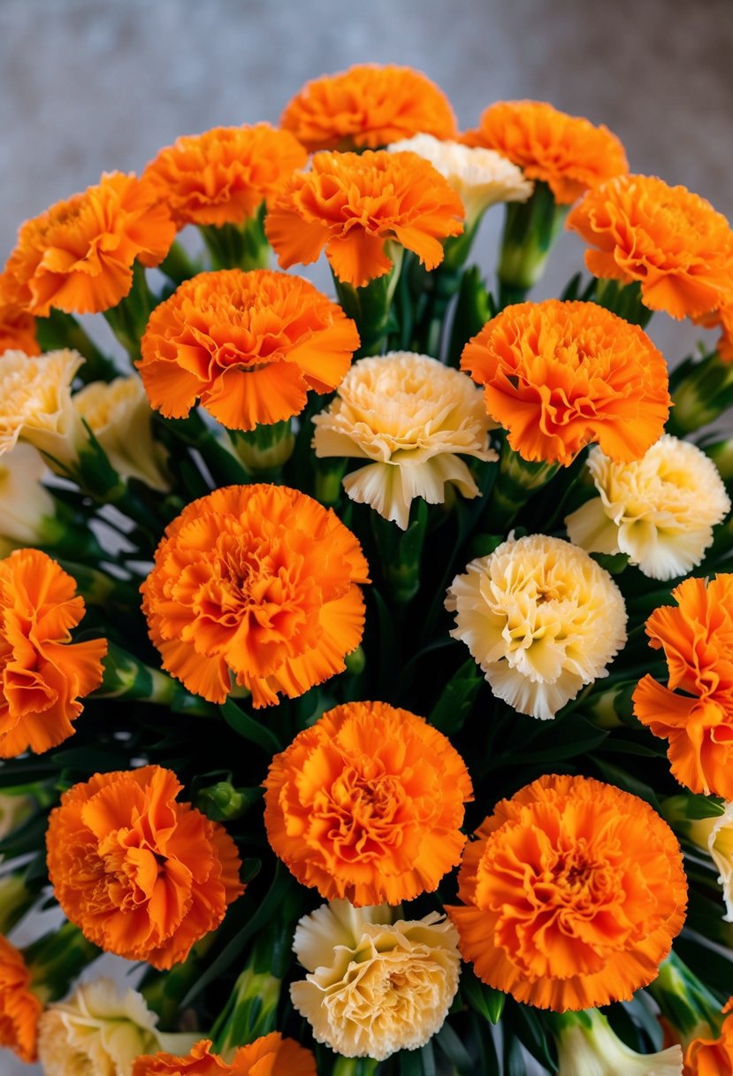 A vibrant bouquet of orange carnations with delicate cream accents, arranged in a lush, cascading style