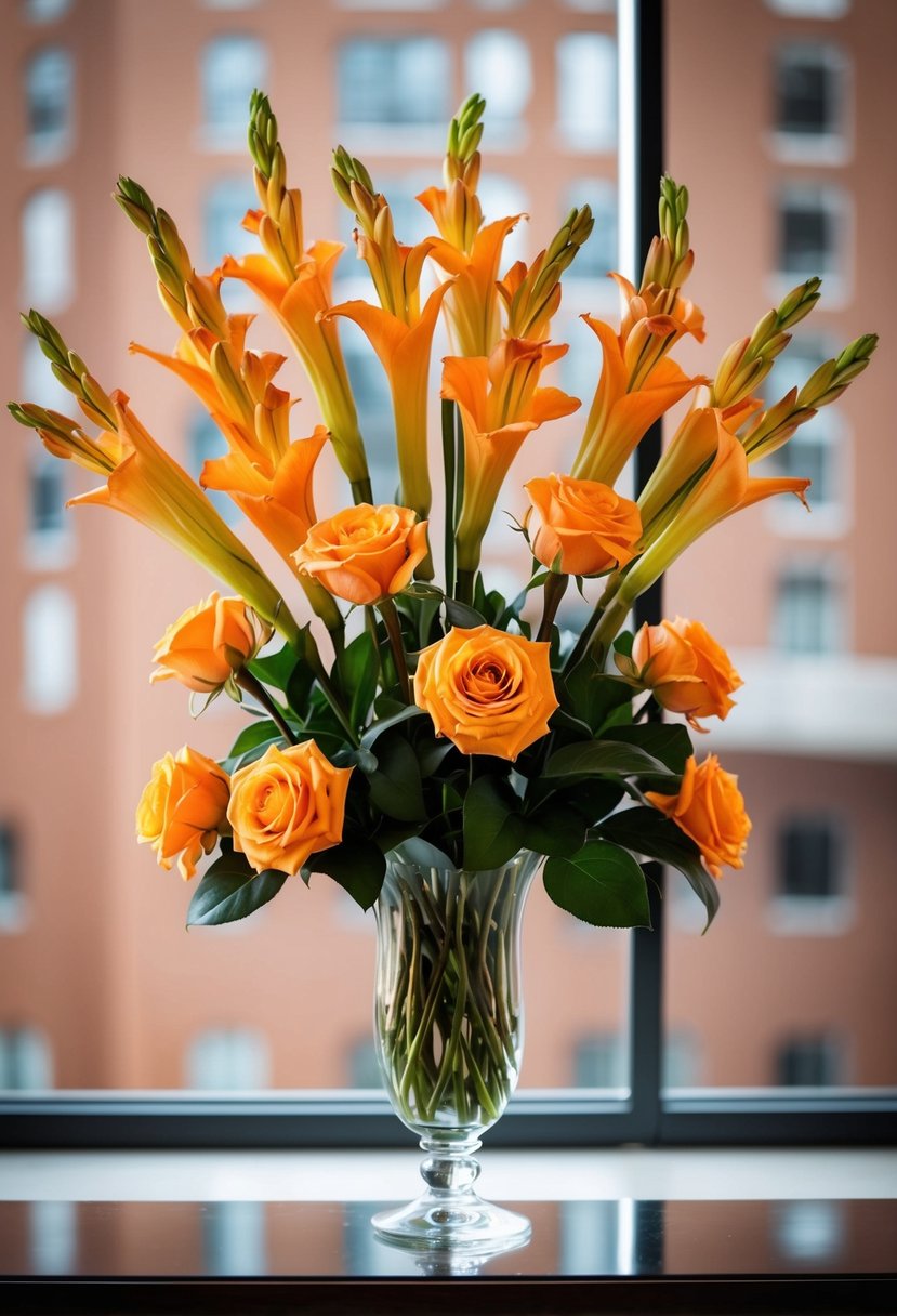 An elegant bouquet of orange gladiolus and silk roses arranged in a tall glass vase