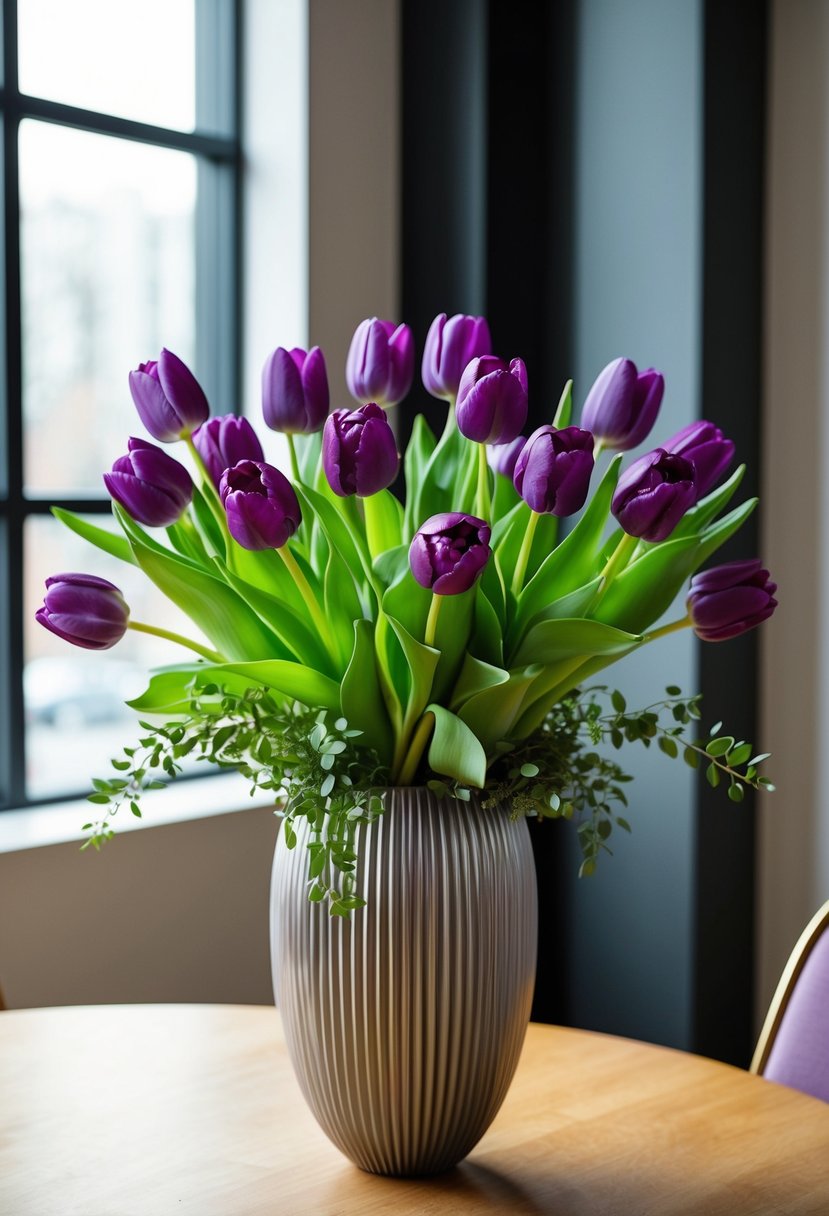 A vibrant bouquet of purple tulips and greenery arranged in a chic, modern vase