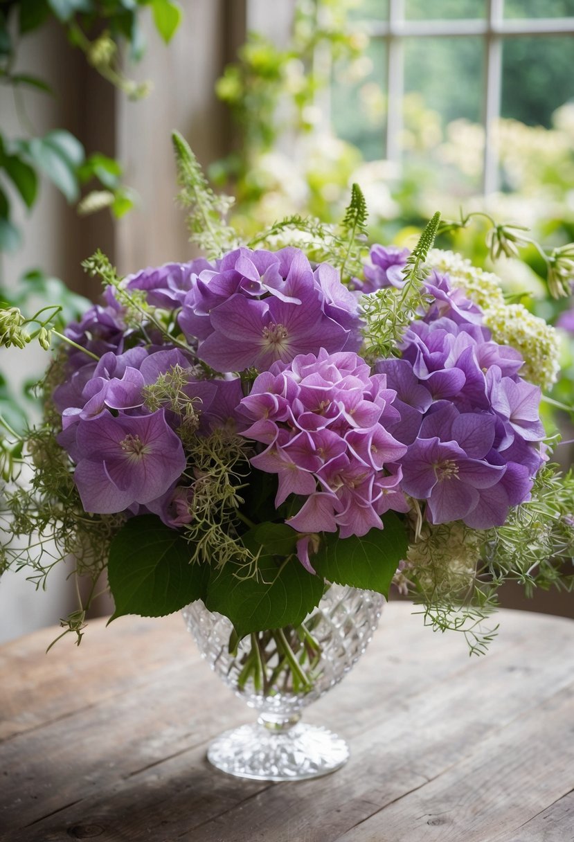 A lush bouquet of violet hydrangeas and clematis, intertwined with delicate greenery, sits in a crystal vase on a rustic wooden table