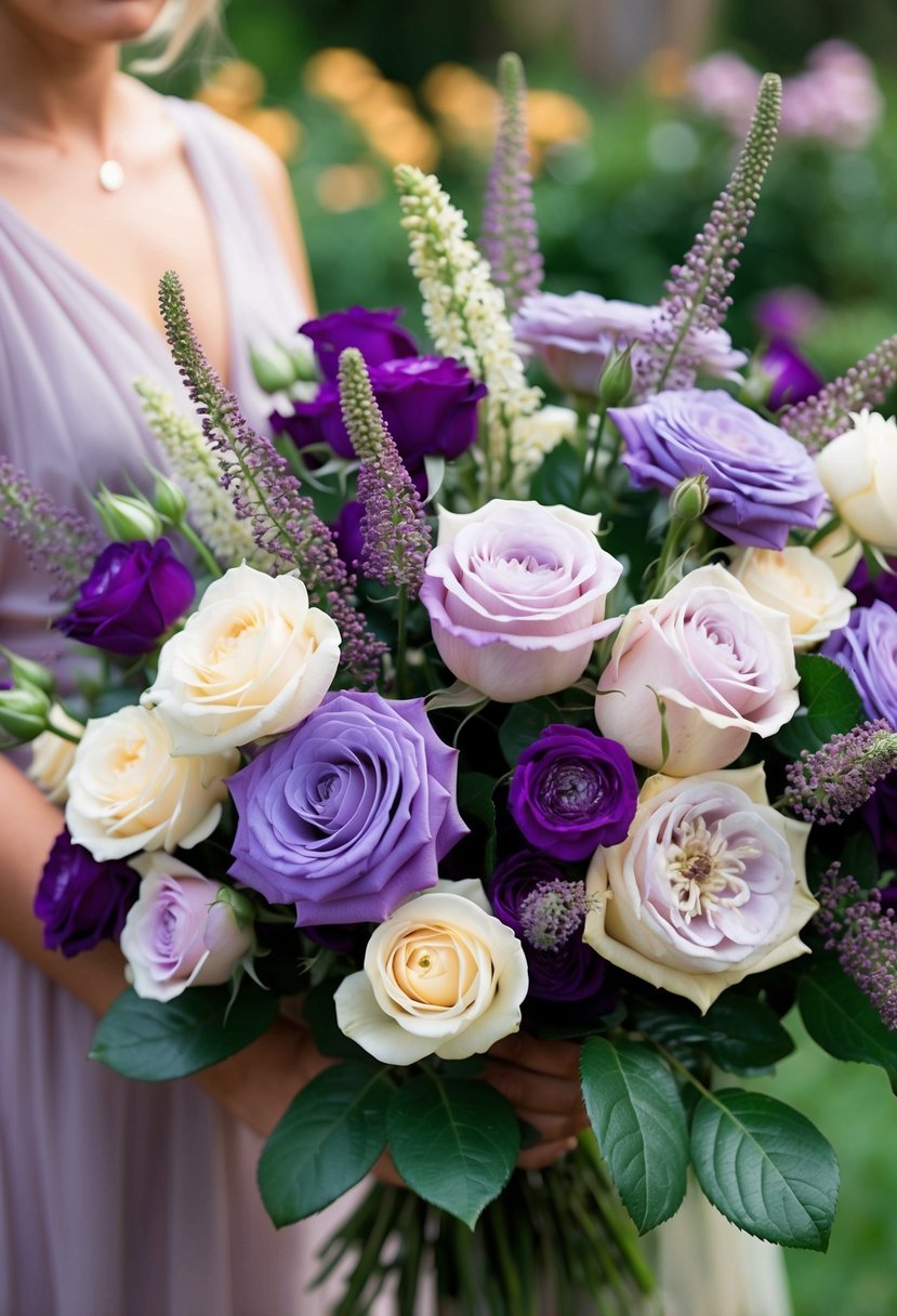 A lush bouquet of garden roses and scabiosa in shades of violet and cream, arranged in a flowing, organic style